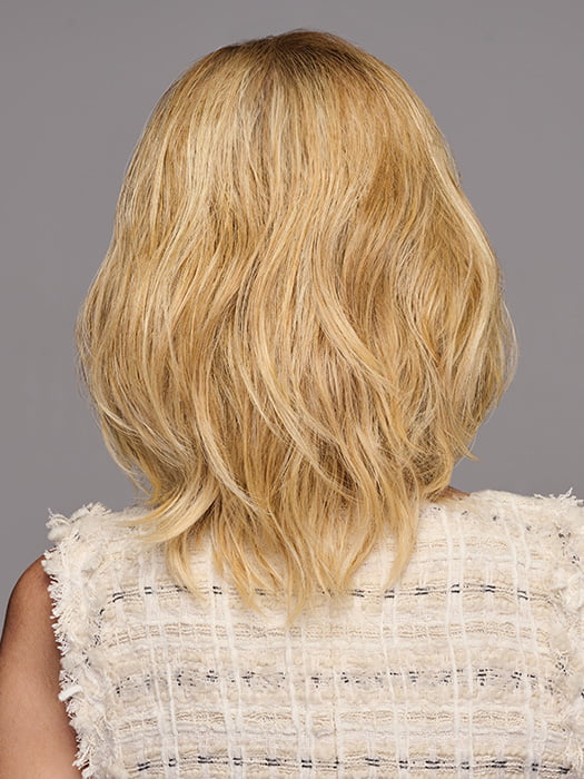 Model is wearing WAVER by GABOR in color SS-MEDIUM-BLONDE | Medium Blonde with Warm Highlights & Dark Brown Roots