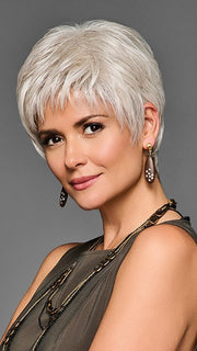 Model is wearing BOSS ENERGY by GABOR in color GF56-60 SUGARED SILVER | Lightest Gray Evenly Blended with Pure White