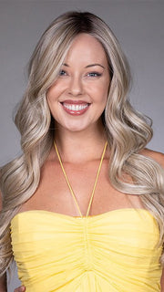 Model is wearing GISELE by BELLETRESS in color BUTTERBEER R | Dark Brown Base and Root that transitions smoothly into a buttery blonde, infused with creamy honey and toffee tones