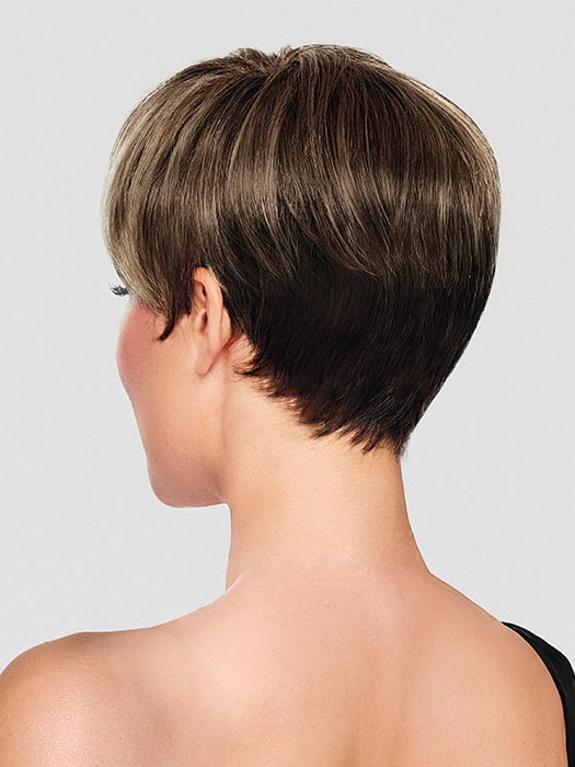 Model is wearing CROP CUT TOPPER by HAIRDO in color SS9/24 ICED CAFÉ LATTE | Dark Brown shaded with Golden Brown
