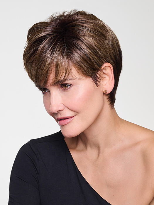 Model is wearing CROP CUT TOPPER by HAIRDO in color SS9/24 ICED CAFÉ LATTE | Dark Brown shaded with Golden Brown