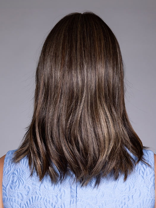 Model is wearing LYON by BELLETRESS in color DARK BROWN HL | A Blend of Dark Brown, Strawberry Light Auburn and Soft Chunky Medium and Dark Blonde Highlights