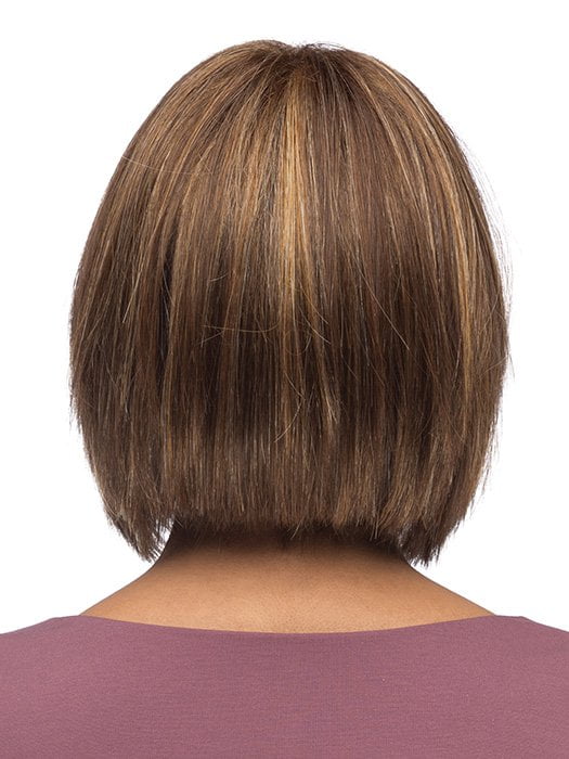 Model is wearing LARK by ESTETICA in color CKISSRT4 | Golden Brown with Copper Blonde Highlights & Dark Brown Roots