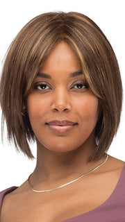 Model is wearing LARK by ESTETICA in color CKISSRT4 | Golden Brown with Copper Blonde Highlights & Dark Brown Roots