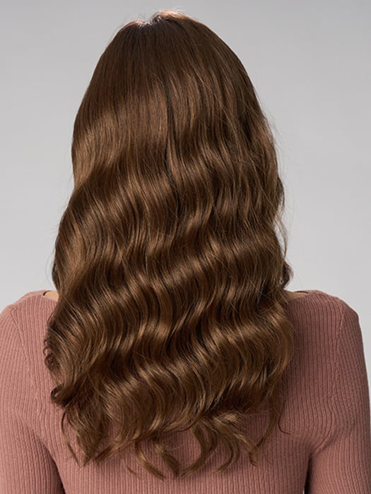 Model is wearing MAYA HAND TIED by ENVY in color MACCHIATO | A blend of Chestnut Brown and Soft Dark Blonde with Dark Brown Roots