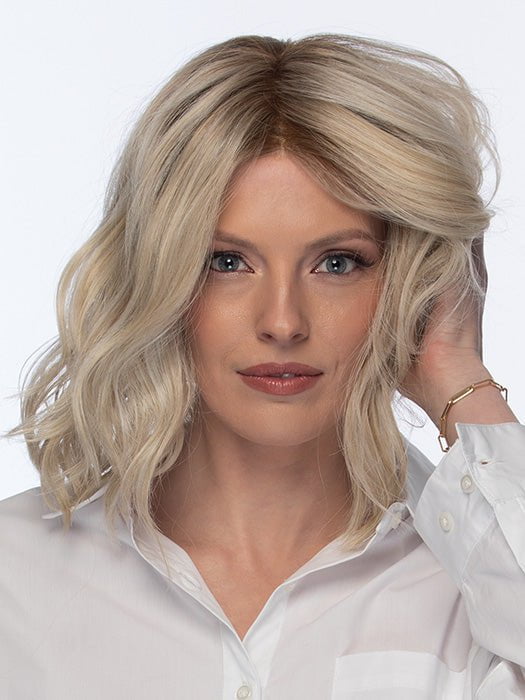 SOMERS by ESTETICA in color SUNLITBLONDE | Soft Blend of Sandy Blonde, Lightest Blonde & Iced Blonde with a Light Golden Brown Roots