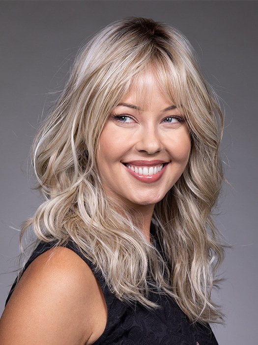 Model is wearing VESPER by BELLETRESS in color BUTTERBEER R | Dark Brown Base and Root that transitions smoothly into a buttery blonde, infused with creamy honey and toffee tones