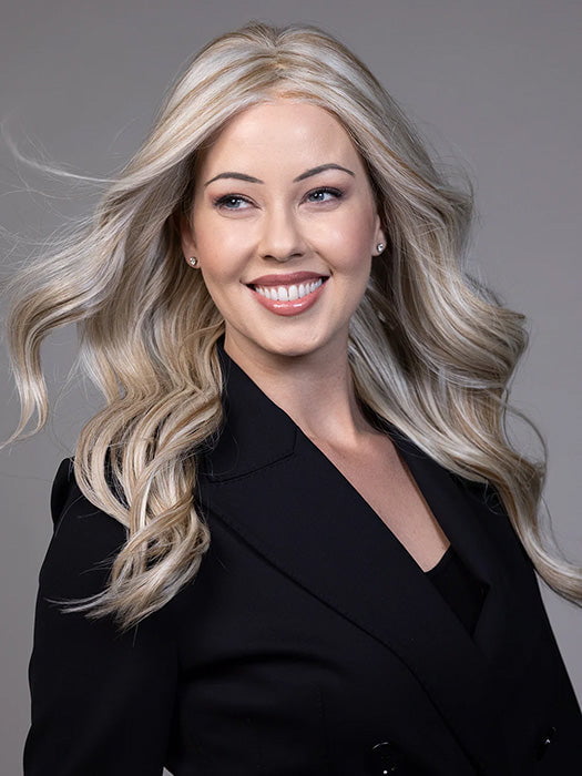 Model is wearing PRIESTLY in color CREAM SODA BLONDE | A warm blend of honey-gold highlights and creamy beige tones over a soft brunette base (Not offered in this color. For illustration purposes only).