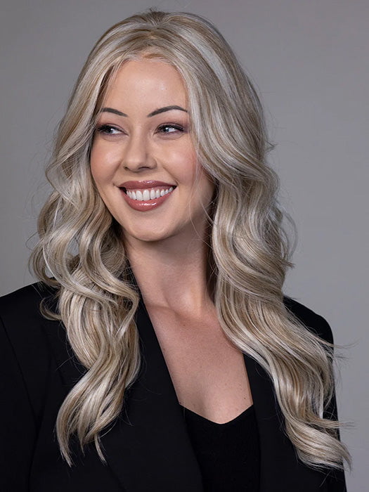 Model is wearing PRIESTLY in color CREAM SODA BLONDE | A warm blend of honey-gold highlights and creamy beige tones over a soft brunette base (Not offered in this color. For illustration purposes only).