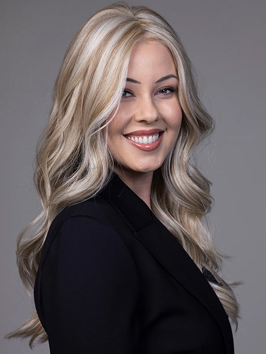 Model is wearing PRIESTLY in color CREAM SODA BLONDE | A warm blend of honey-gold highlights and creamy beige tones over a soft brunette base (Not offered in this color. For illustration purposes only).