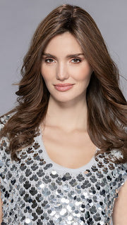 Model is wearing ANISE by ELLEN WILLE in CHOCOLATE ROOTED 830.27.6 | Medium to Dark Brown base with Light Reddish Brown highlights and Dark Roots