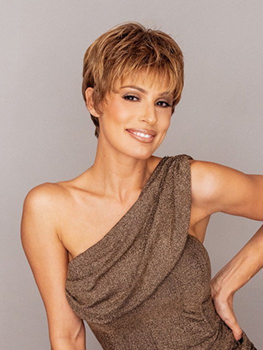 Roxie wigs.com model is wearing the WINNER by RAQUEL WELCH in color R3025S+ GLAZED CINNAMON | Medium Auburn with Ginger Blonde Highlights on Top