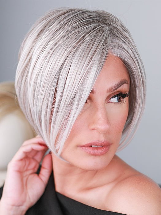 Roxie wigs.com model wearing Ignite by Jon Renau in color 56F51 OYSTER MUSHROOMS | Grey/Platinum Blend with 5% Dark Gold Brown Front, Grey with 30% Medium Gold Brown Nape. PPC MAIN IMAGE