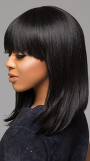 Styled in a long bob with full bangs | Color: 1B