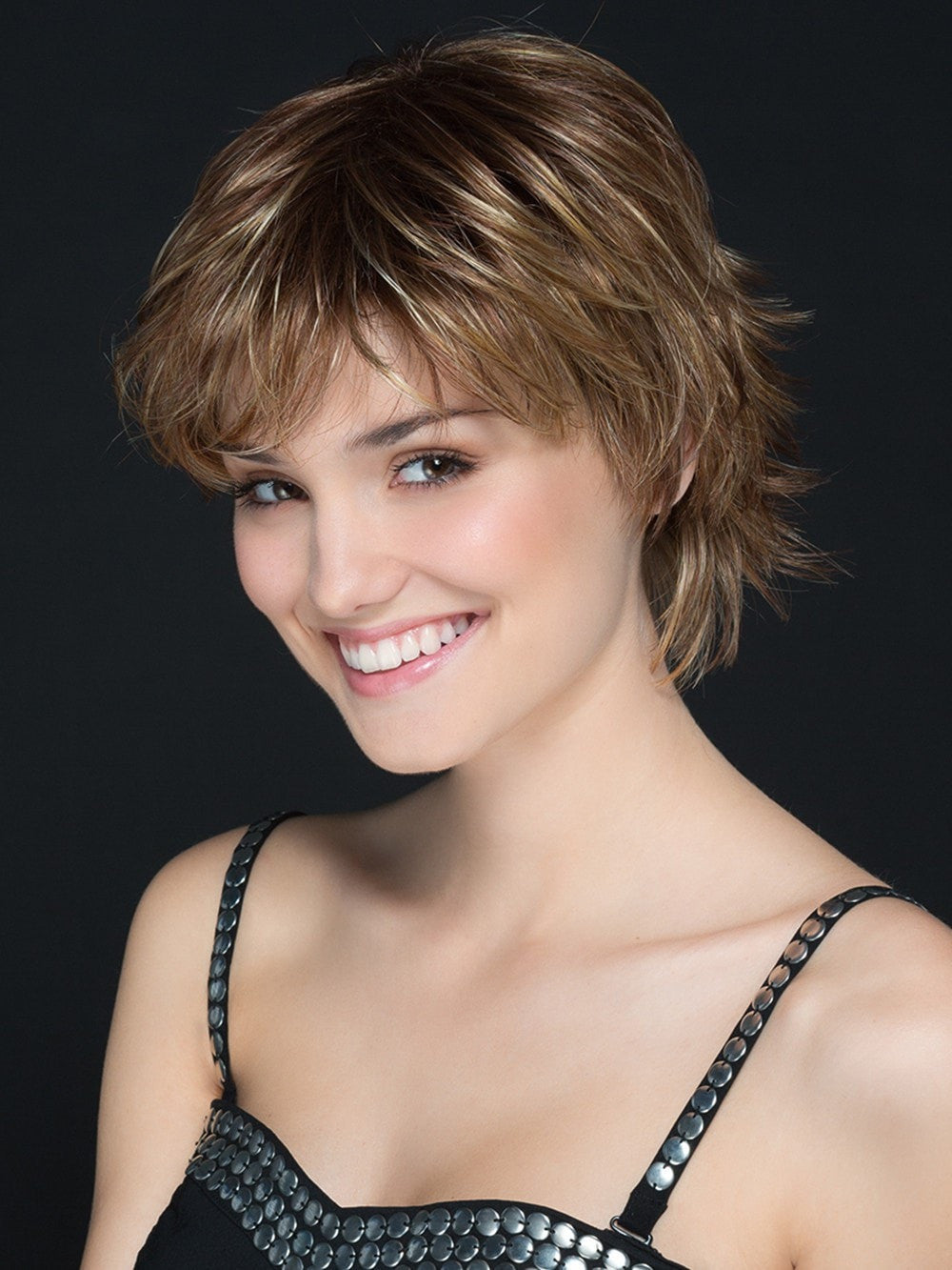 MIRANDA by Ellen Wille in LIGHT BERNSTEIN ROOTED | Light Auburn, Light Honey Blonde, and Light Reddish Brown blend and Dark Roots