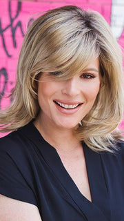 ALIVE by ELLEN WILLE in SANDY-BLONDE-ROOTED | Medium Honey Blonde, Light Ash Blonde, and Lightest Reddish Brown blend with Dark Roots