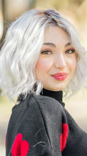 Maha host @ wigs.com/LIVE wearing HAVEN by Estetica in color SILVERSUN/RT8