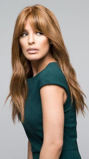 LEA by Jon Renau in 6F27 CARAMEL RIBBON | Natural Gold Brown with Medium Red-Gold Blonde Highlights & Tips (This piece has been styled for this look)