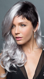 Long, loose  waves accentuated by a short, chic cut on left side. | Color: Illumina-R Violet Silver with Dark Roots. PPC MAIN IMAGE FB MAIN IMAGE