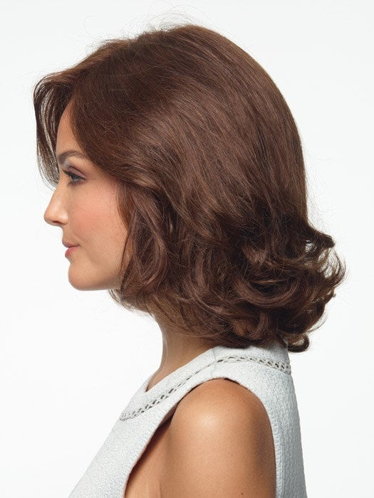 Shoulder length human hair can be styled straight or curled | Color: Brown Spice